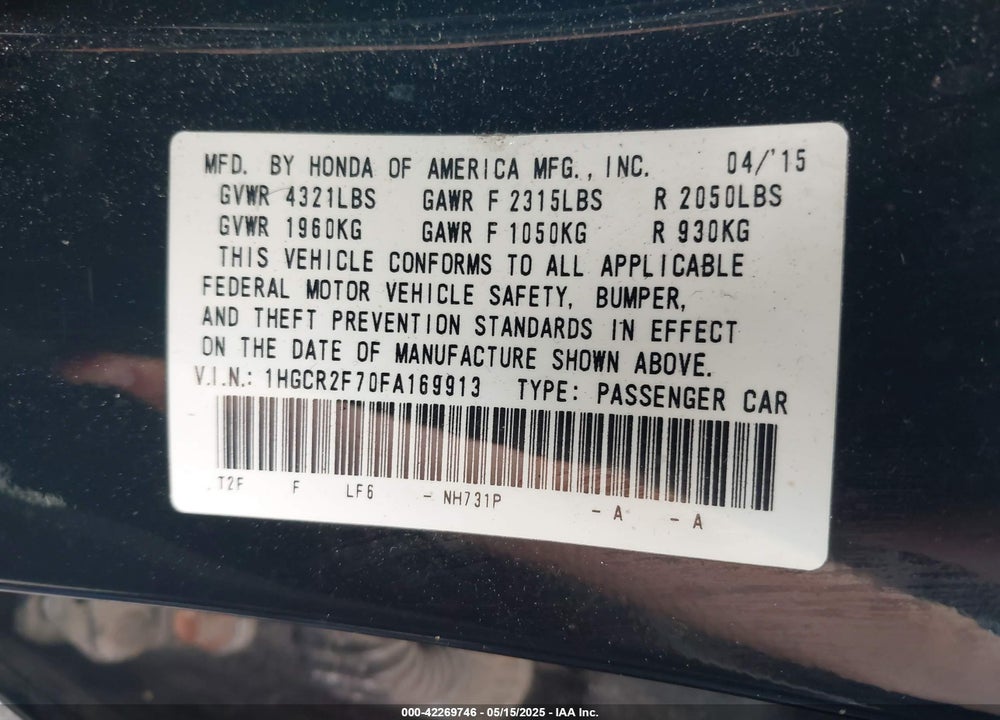 2015 HONDA ACCORD VIN: 1HGCR2F70FA169913