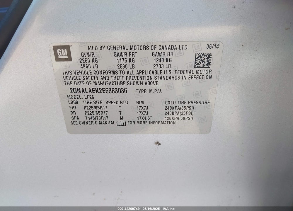 2014 CHEVROLET EQUINOX VIN: 2GNALAEK2E6383036