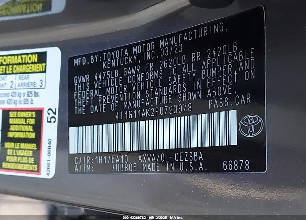 2023 TOYOTA CAMRY VIN: 4T1G11AK2PU793978