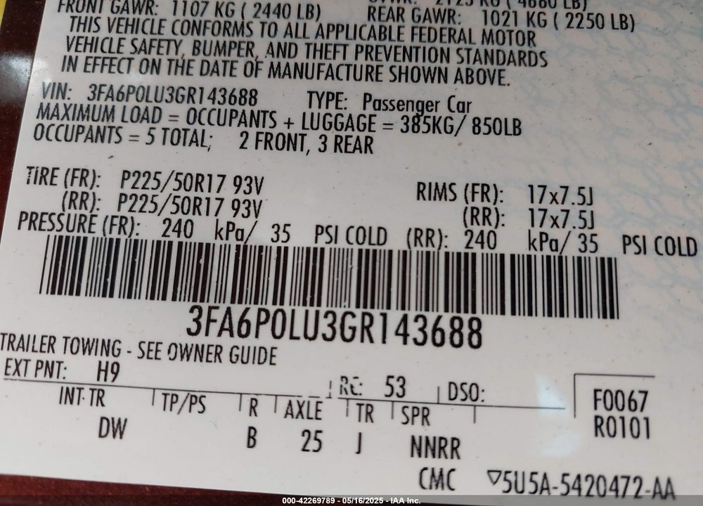 2016 FORD FUSION HYBRID SE VIN: 3FA6P0LU3GR143688