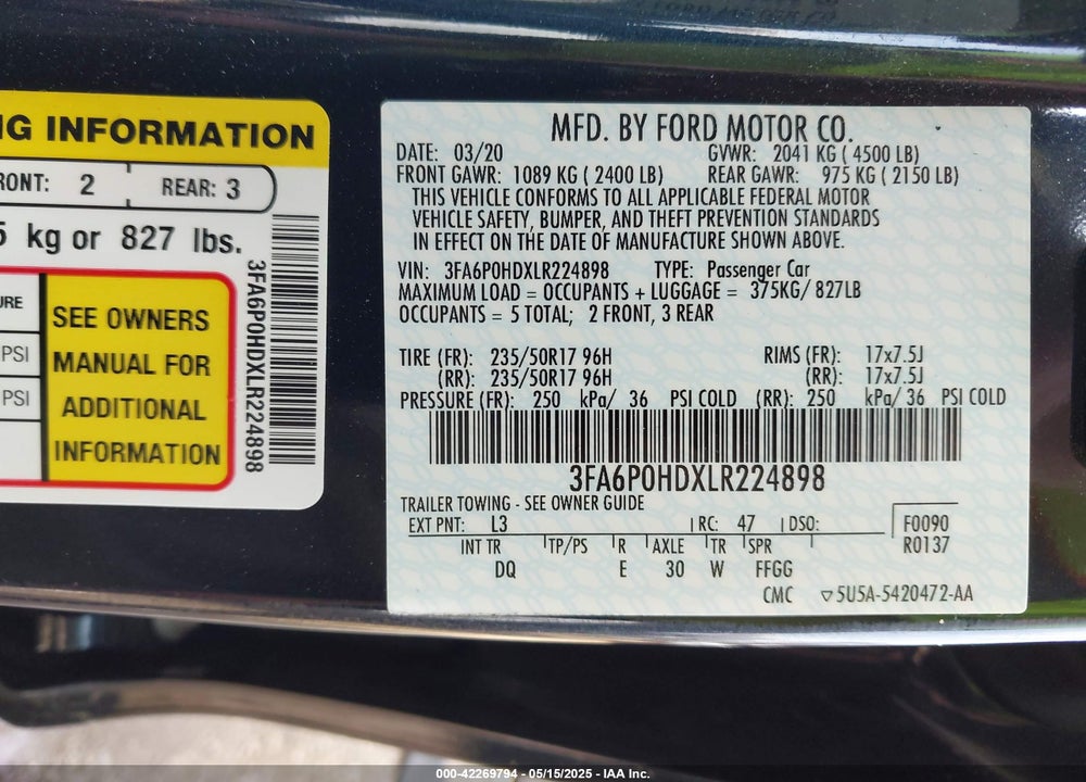 2020 FORD FUSION SE VIN: 3FA6P0HDXLR224898
