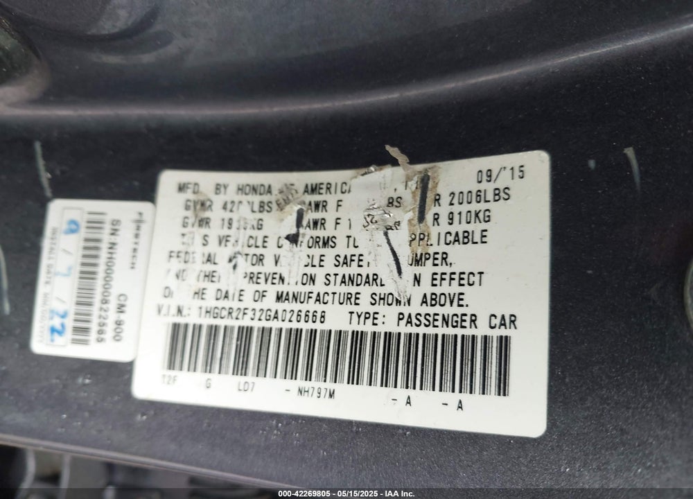 2016 HONDA ACCORD VIN: 1HGCR2F32GA026668