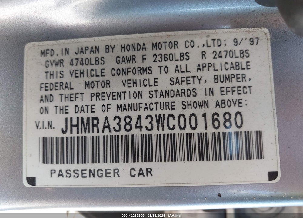1998 HONDA ODYSSEY EX/LX VIN: JHMRA3843WC001680