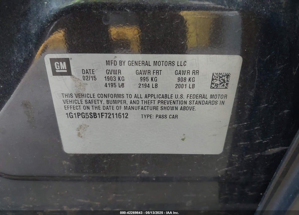 2015 CHEVROLET CRUZE VIN: 1G1PG5SB1F7211612