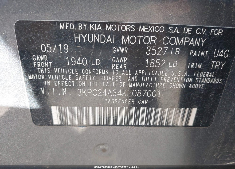 2019 HYUNDAI ACCENT VIN: 3KPC24A34KE087001