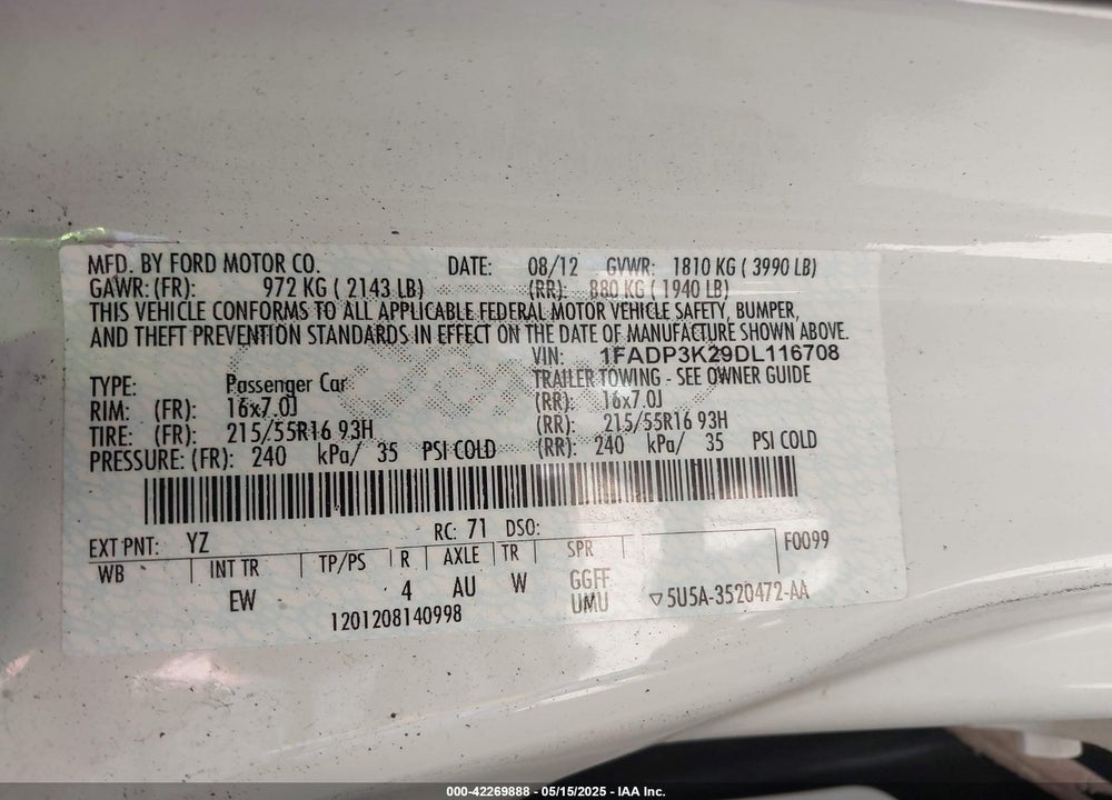 2013 FORD FOCUS SE VIN: 1FADP3K29DL116708