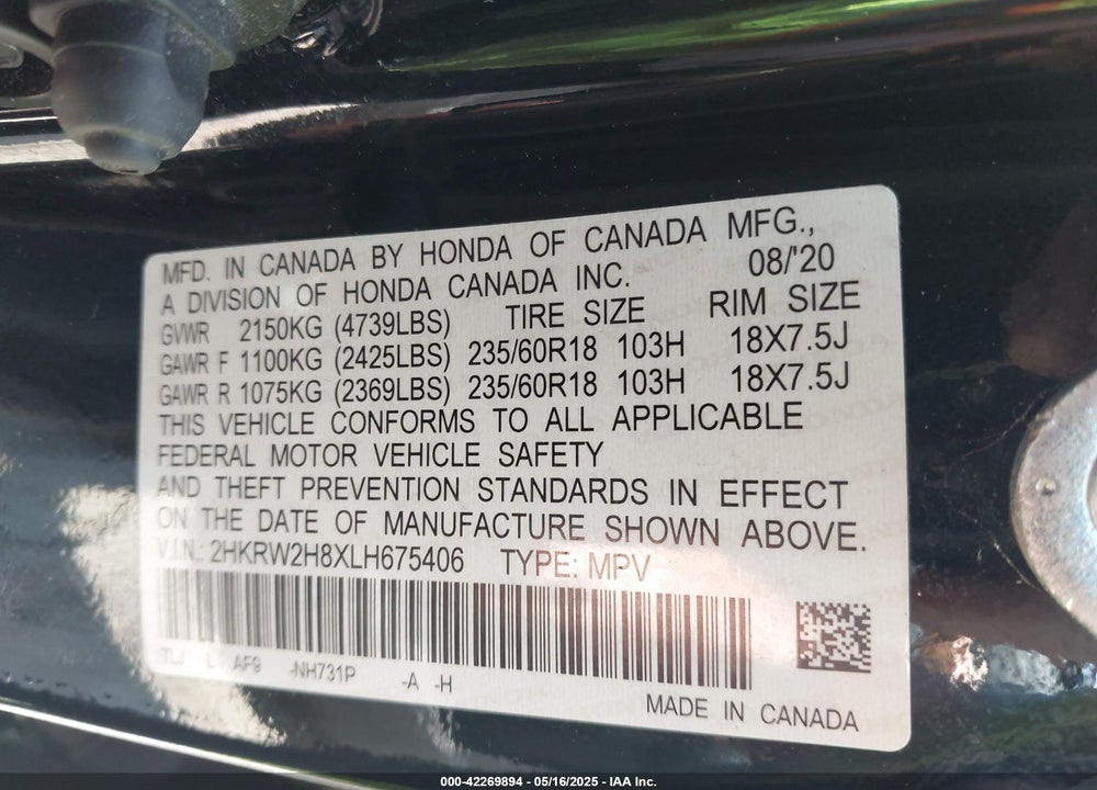 2020 HONDA CR-V VIN: 2HKRW2H8XLH675406