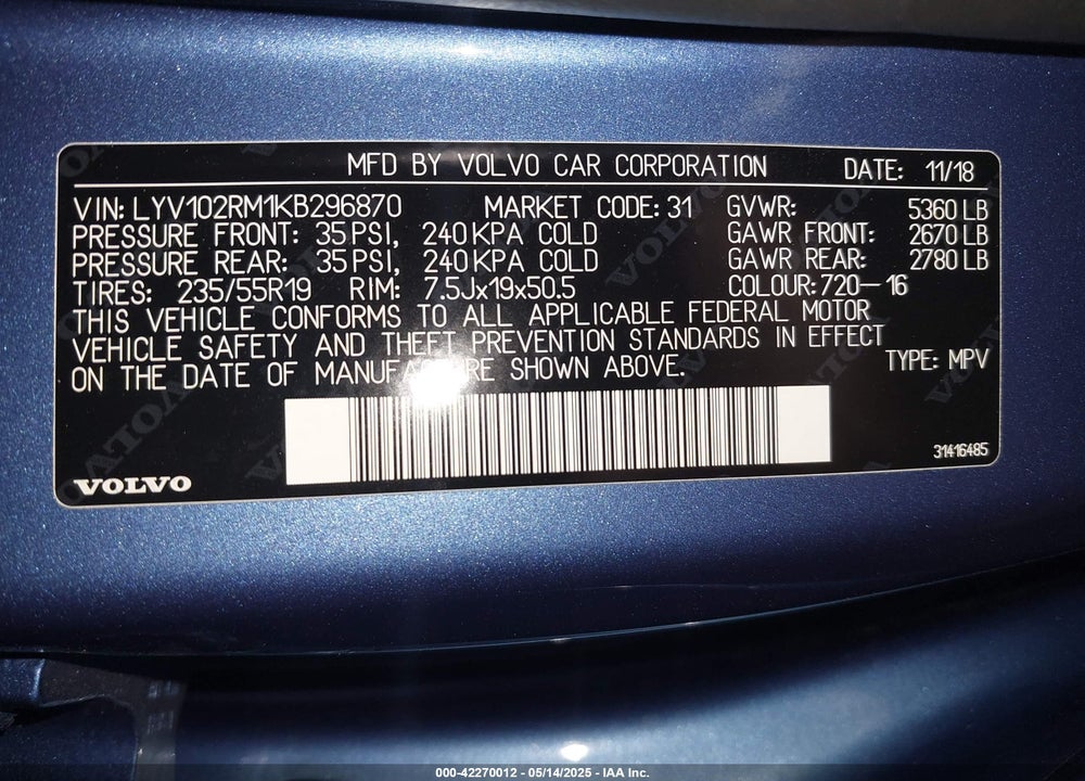 2019 VOLVO XC60 VIN: LYV102RM1KB296870