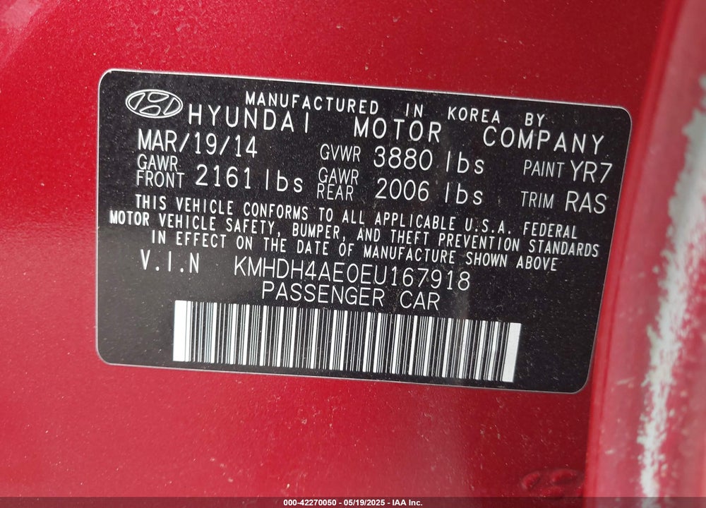 2014 HYUNDAI ELANTRA VIN: KMHDH4AE0EU167918