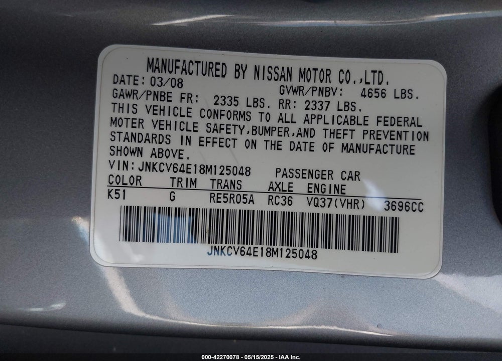 2008 INFINITI G37 JOURNEY VIN: JNKCV64E18M125048