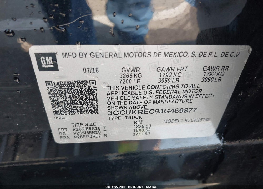 2018 CHEVROLET SILVERADO 1500 2LT VIN: 3GCUKREC9JG469877