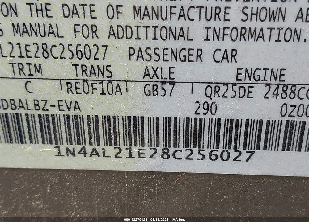 2008 NISSAN ALTIMA 2.5 S VIN: 1N4AL21E28C256027