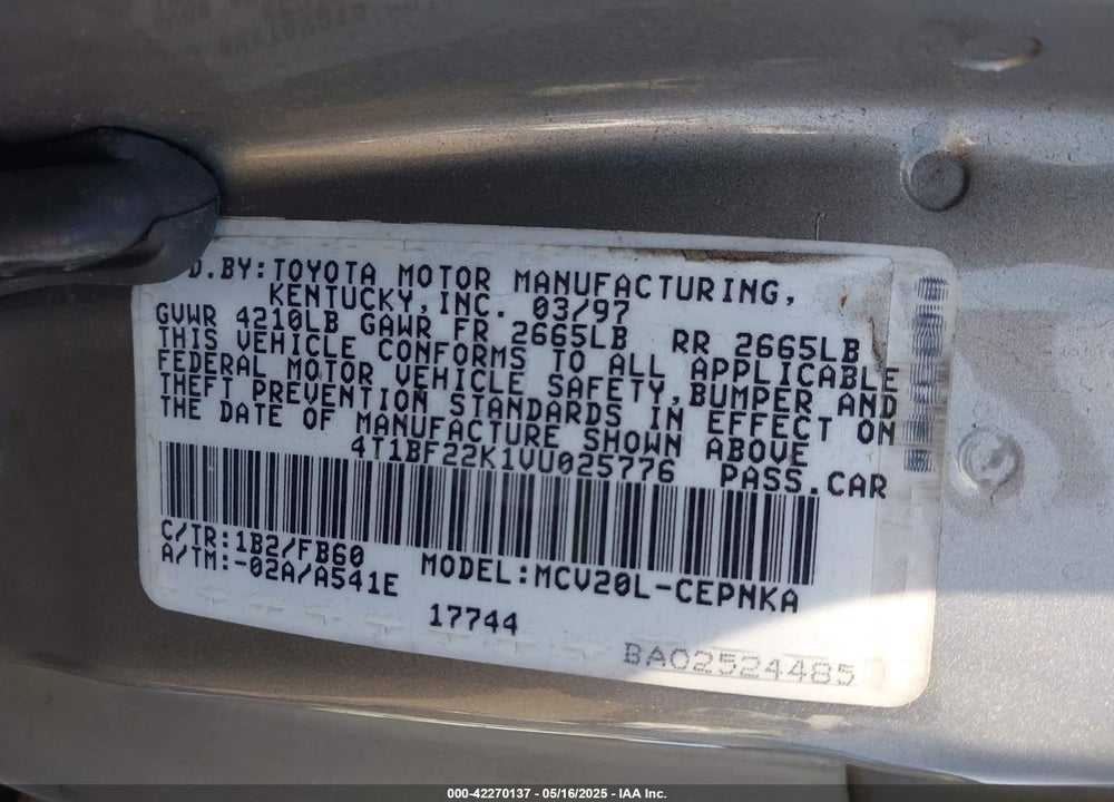 1997 TOYOTA CAMRY LE V6 VIN: 4T1BF22K1VU025776