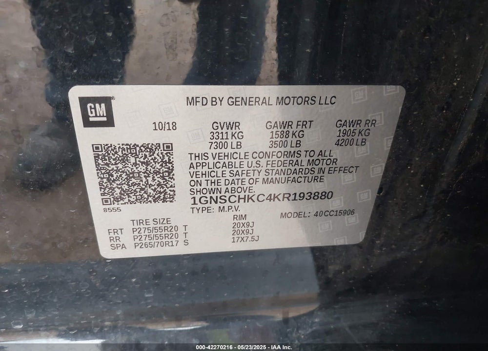 2019 CHEVROLET SUBURBAN VIN: 1GNSCHKC4KR193880