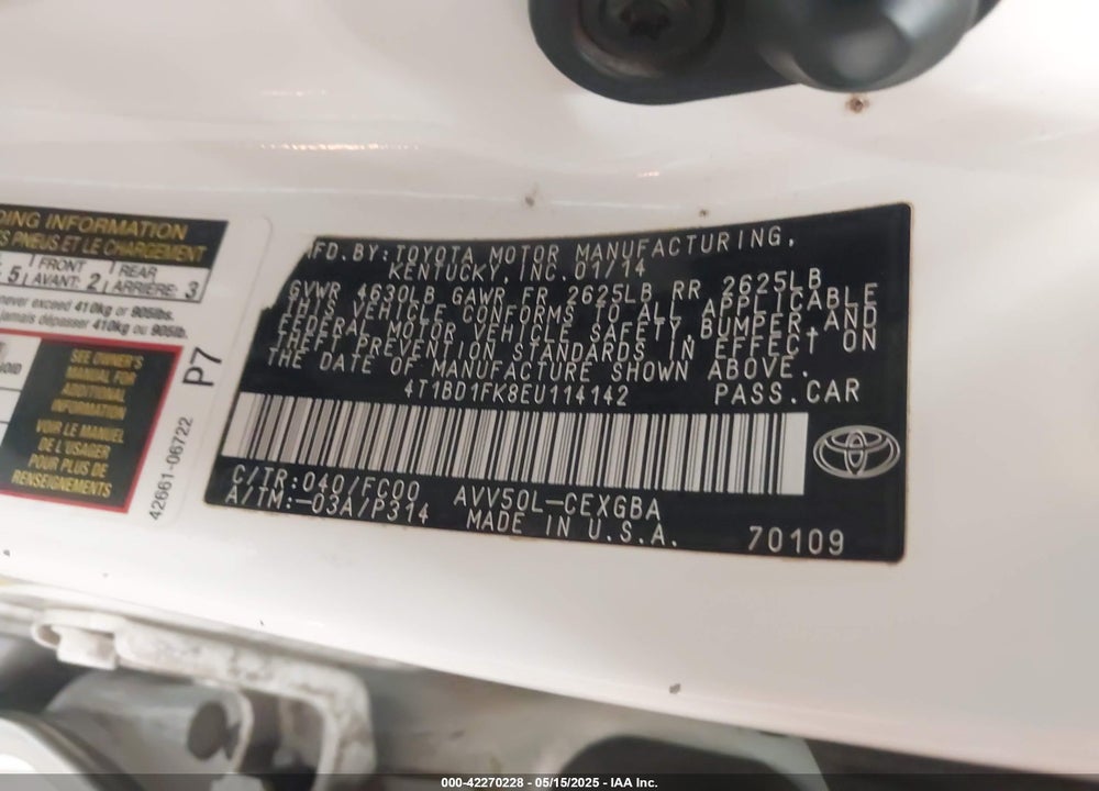 2014 TOYOTA CAMRY HYBRID VIN: 4T1BD1FK8EU114142