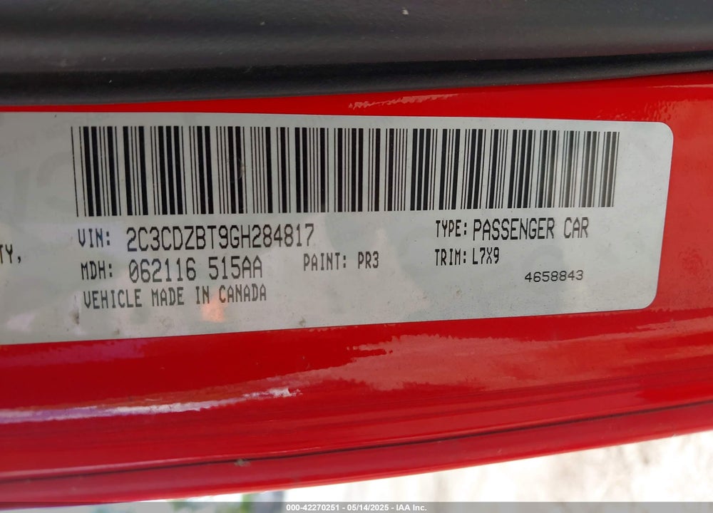 2016 DODGE CHALLENGER R/T VIN: 2C3CDZBT9GH284817