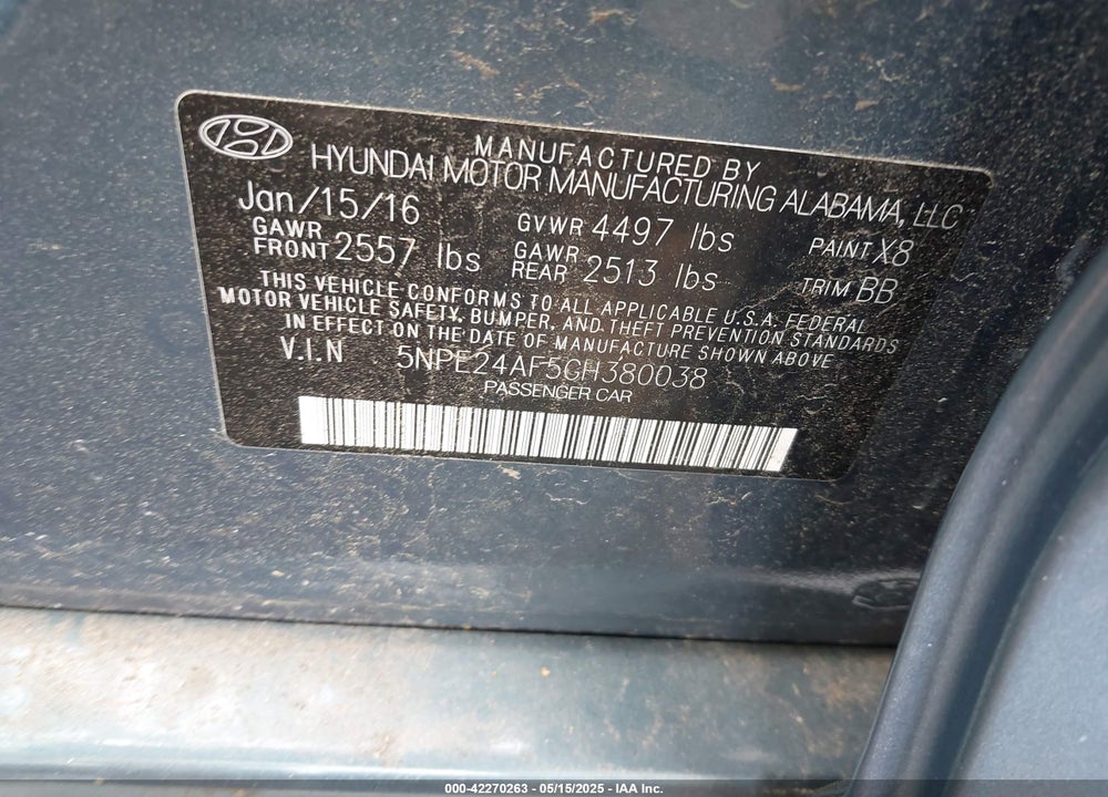 2016 HYUNDAI SONATA SE VIN: 5NPE24AF5GH380038