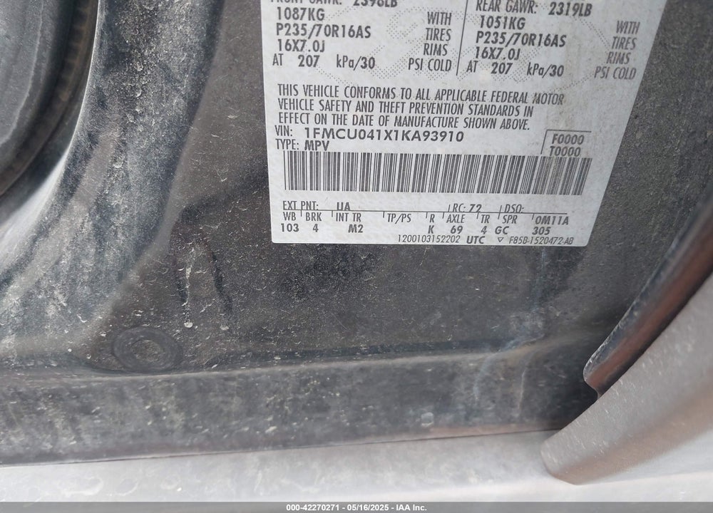 2001 FORD ESCAPE XLT VIN: 1FMCU041X1KA93910