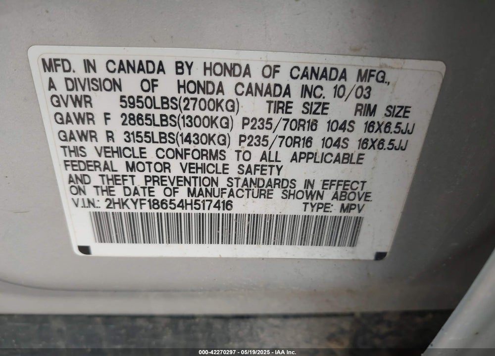 2004 HONDA PILOT EX-L VIN: 2HKYF18654H517416