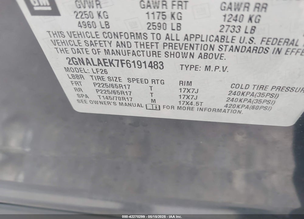2015 CHEVROLET EQUINOX VIN: 2GNALAEK7F6191483