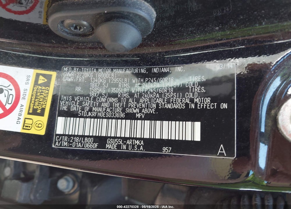 2014 TOYOTA HIGHLANDER XLE V6 VIN: 5TDJKRFH0ES033696