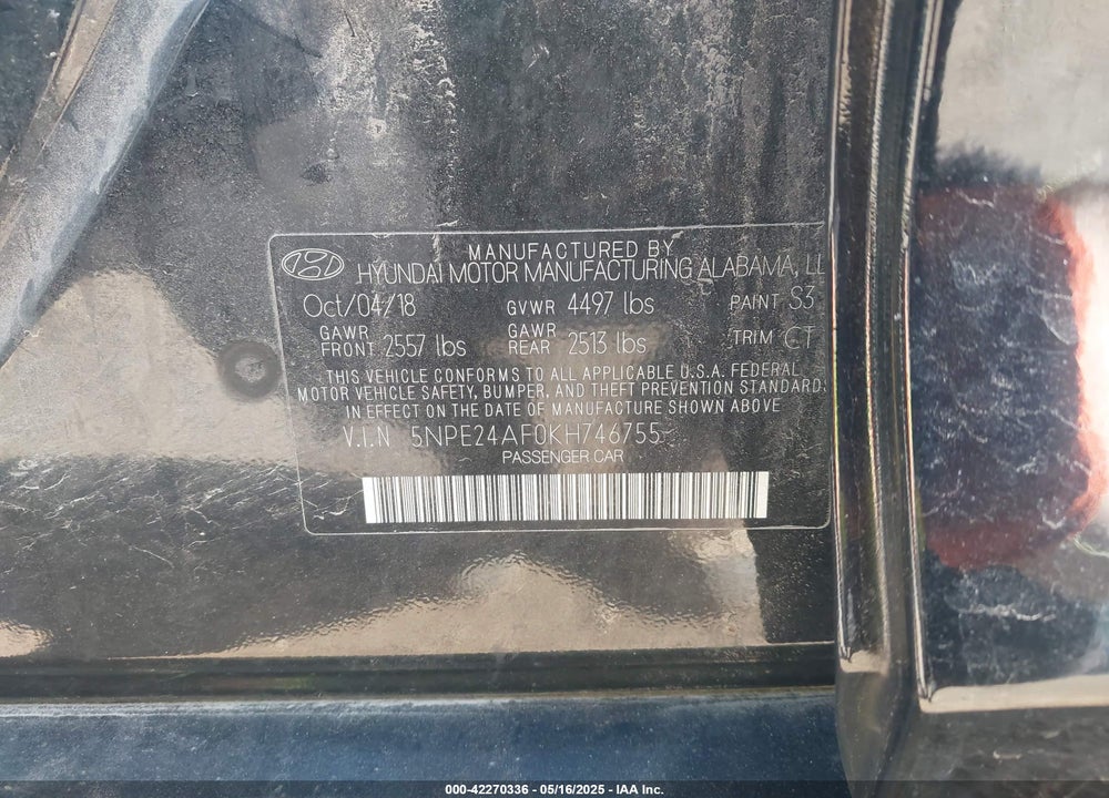 2019 HYUNDAI SONATA SE VIN: 5NPE24AF0KH746755