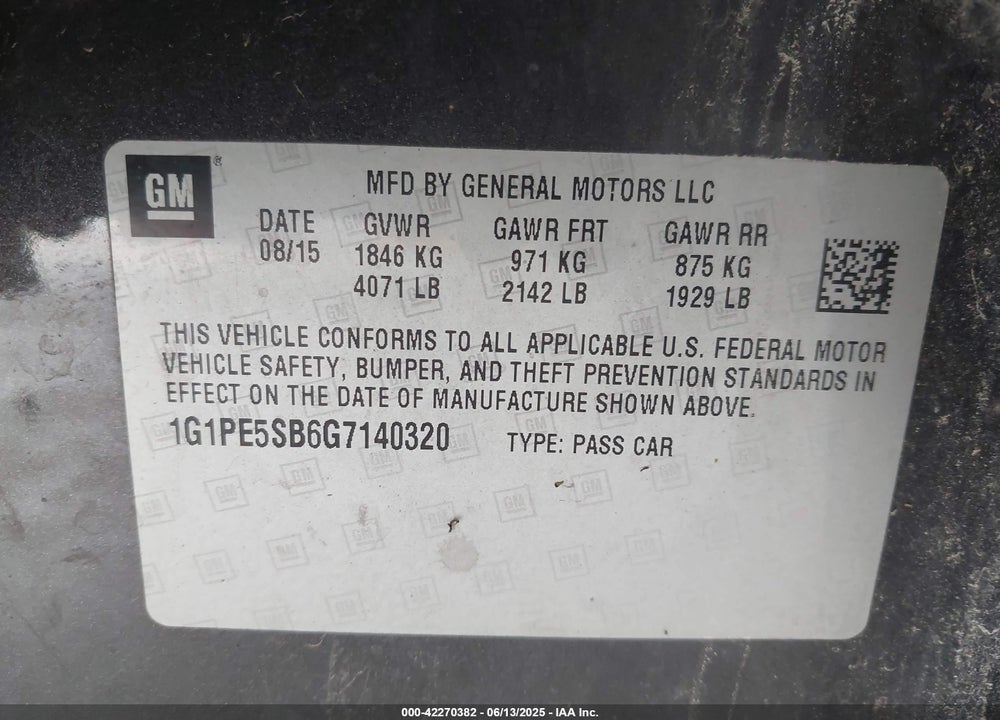 2016 CHEVROLET CRUZE VIN: 1G1PE5SB6G7140320