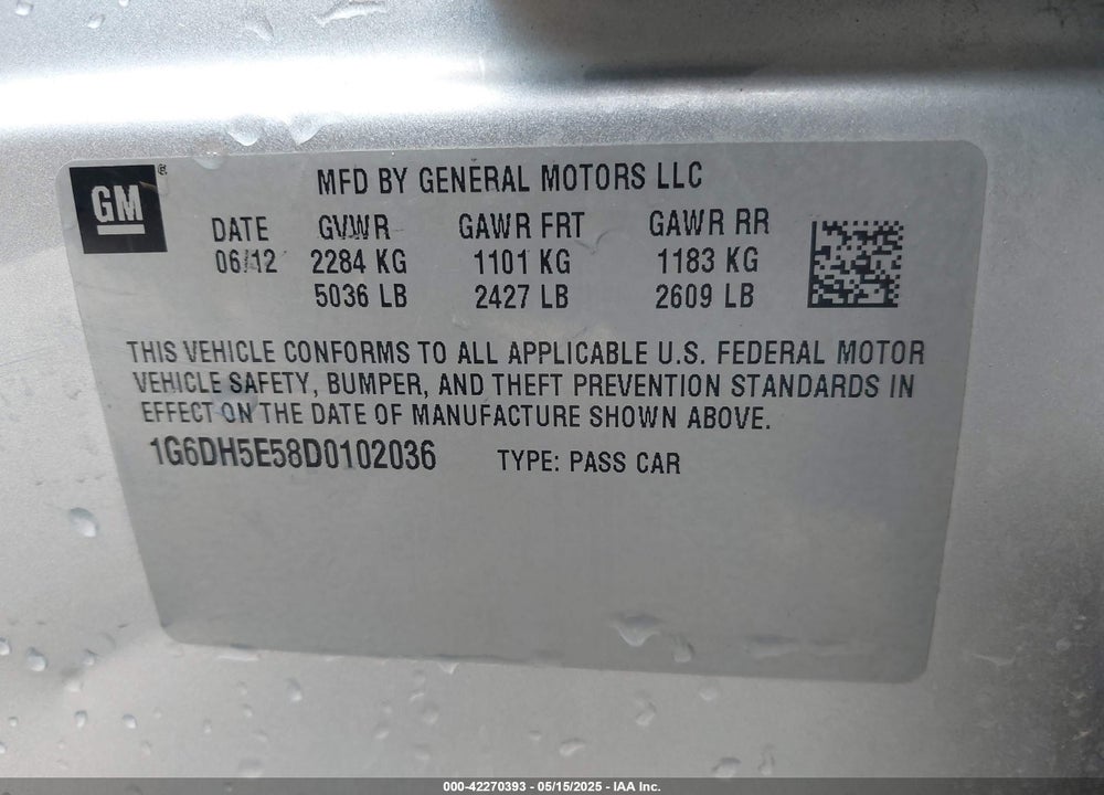 2013 CADILLAC CTS VIN: 1G6DH5E58D0102036