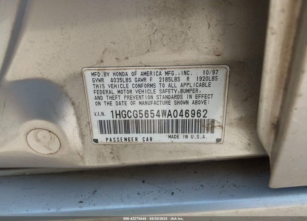 1998 HONDA ACCORD EX VIN: 1HGCG5654WA046962