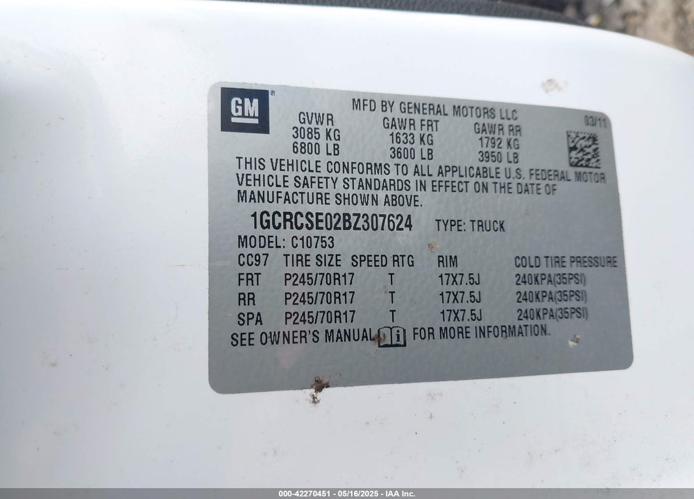 2011 CHEVROLET SILVERADO 1500 VIN: 1GCRCSE02BZ307624