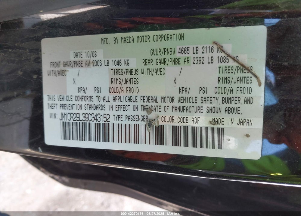 2009 MAZDA MAZDA5 VIN: JM1CR29L390343152