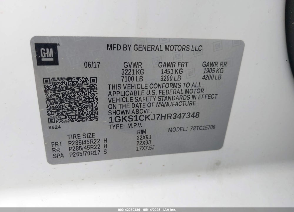 2017 GMC YUKON DENALI VIN: 1GKS1CKJ7HR347348