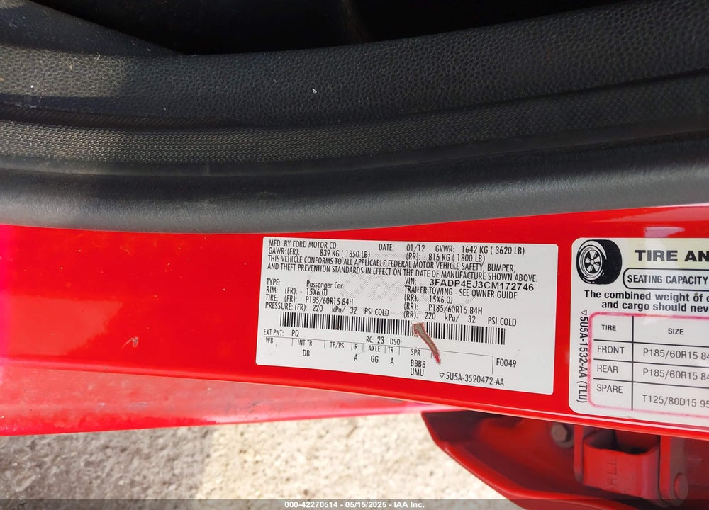 2012 FORD FIESTA VIN: 3FADP4EJ3CM172746