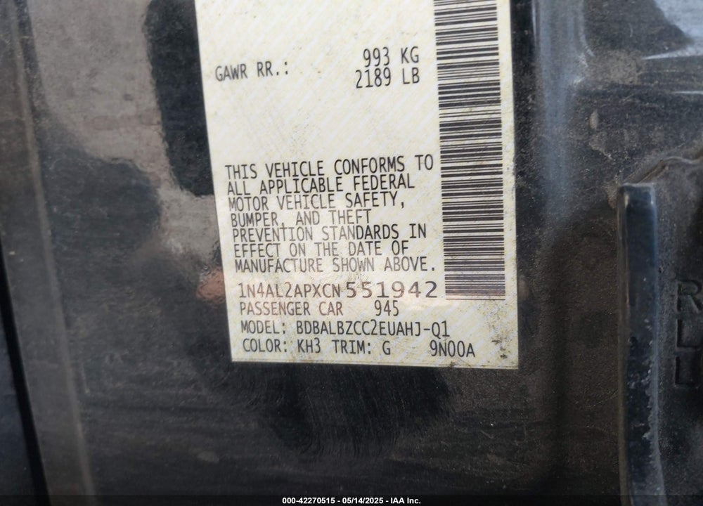 2012 NISSAN ALTIMA VIN: 1N4AL2APXCN551942