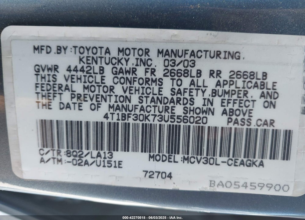 2003 TOYOTA CAMRY XLE V6 VIN: 4T1BF30K73U556020