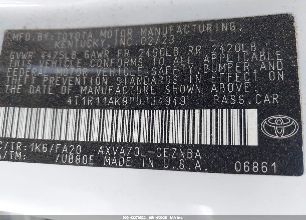 2023 TOYOTA CAMRY VIN: 4T1R11AK9PU134949
