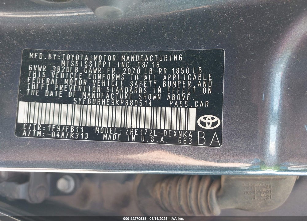 2019 TOYOTA COROLLA LE VIN: 5YFBURHE9KP880514