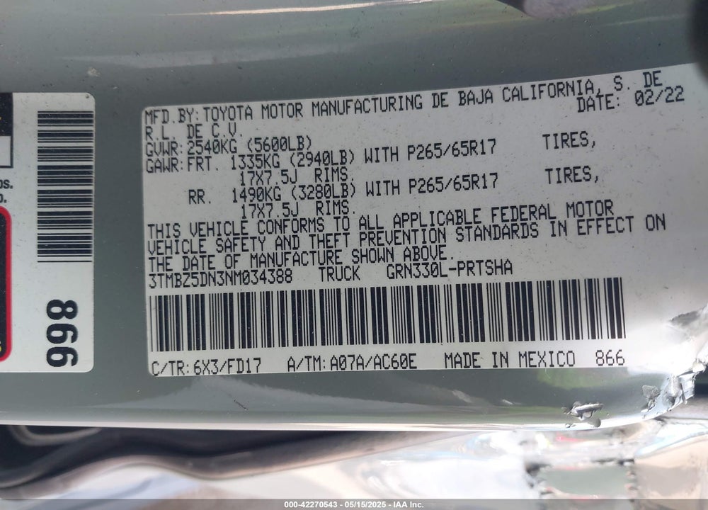 2022 TOYOTA TACOMA VIN: 3TMBZ5DN3NM034388