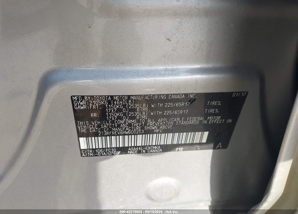 2017 TOYOTA RAV4 VIN: 2T3RFREV6HW600253