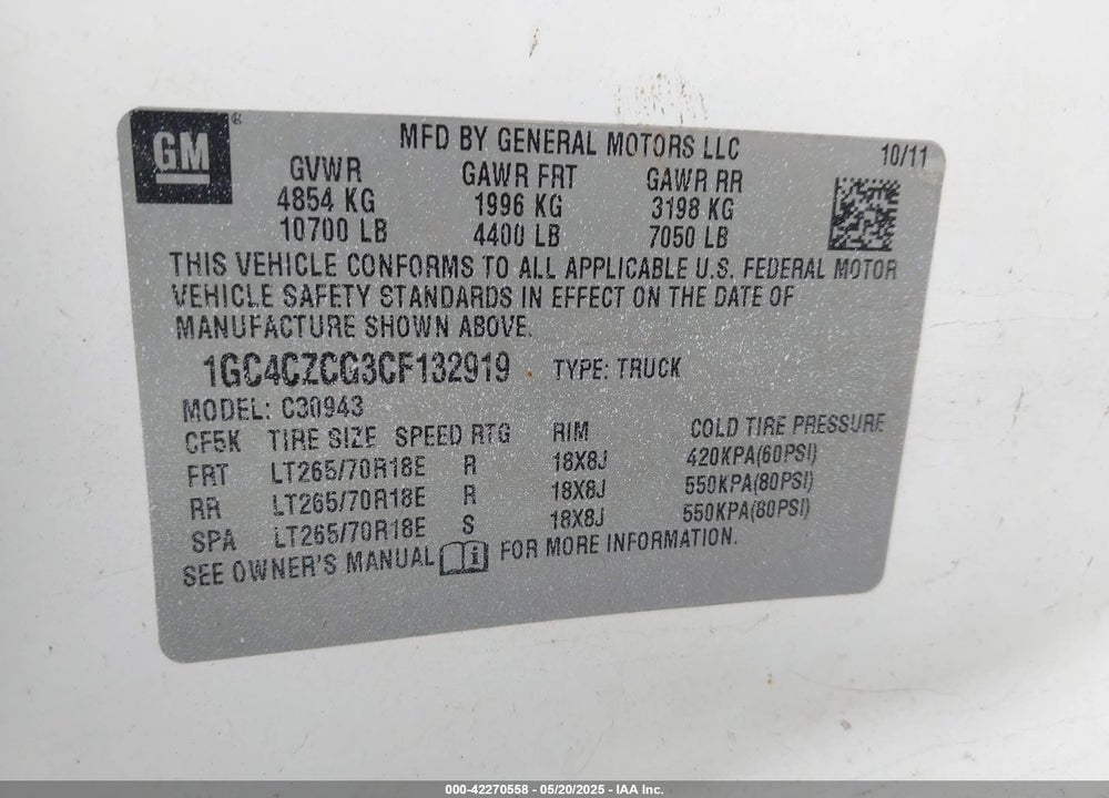 2012 CHEVROLET SILVERADO 3500HD WORK TRUCK VIN: 1GC4CZCG3CF132919