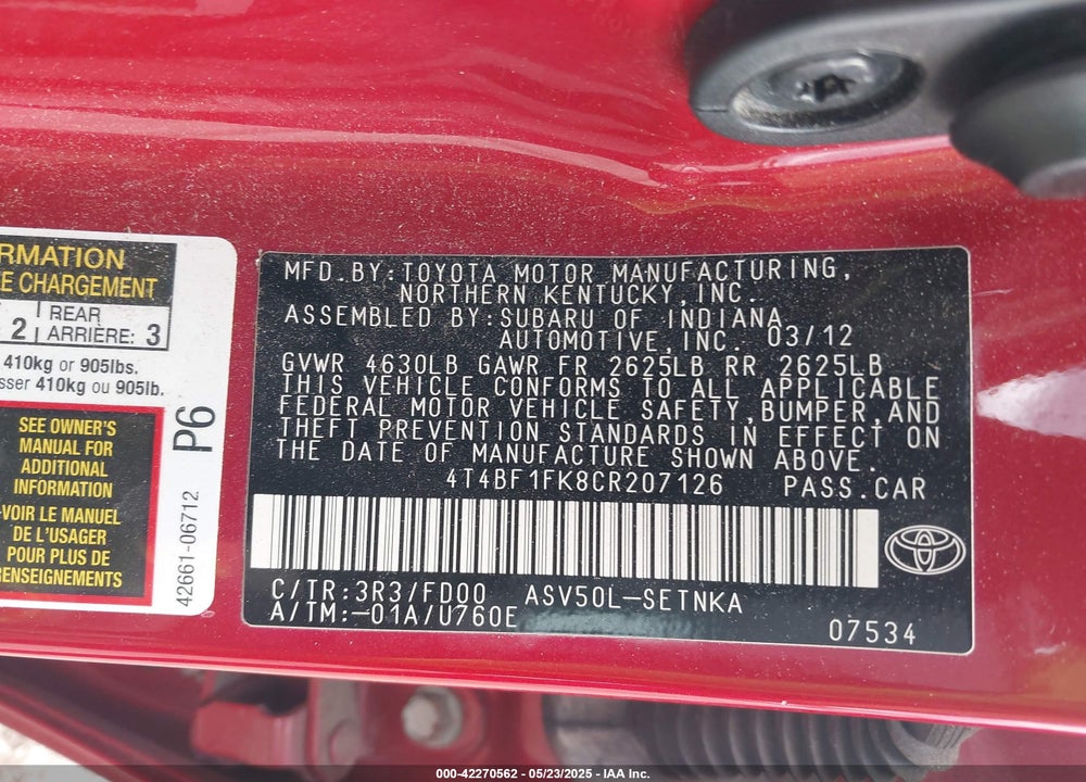 2012 TOYOTA CAMRY LE VIN: 4T4BF1FK8CR207126