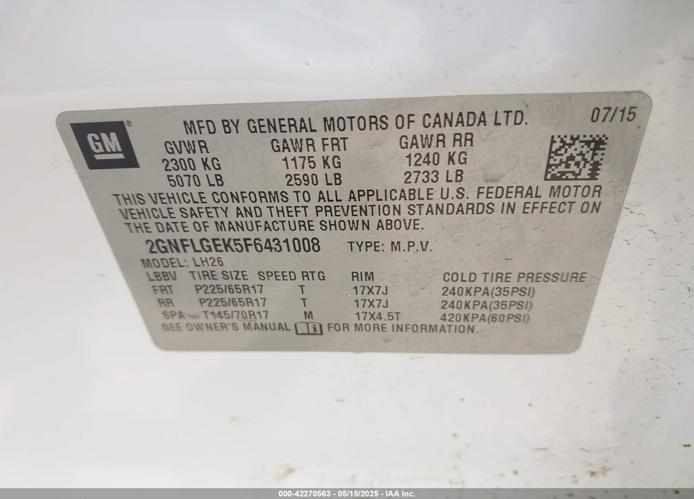 2015 CHEVROLET EQUINOX VIN: 2GNFLGEK5F6431008