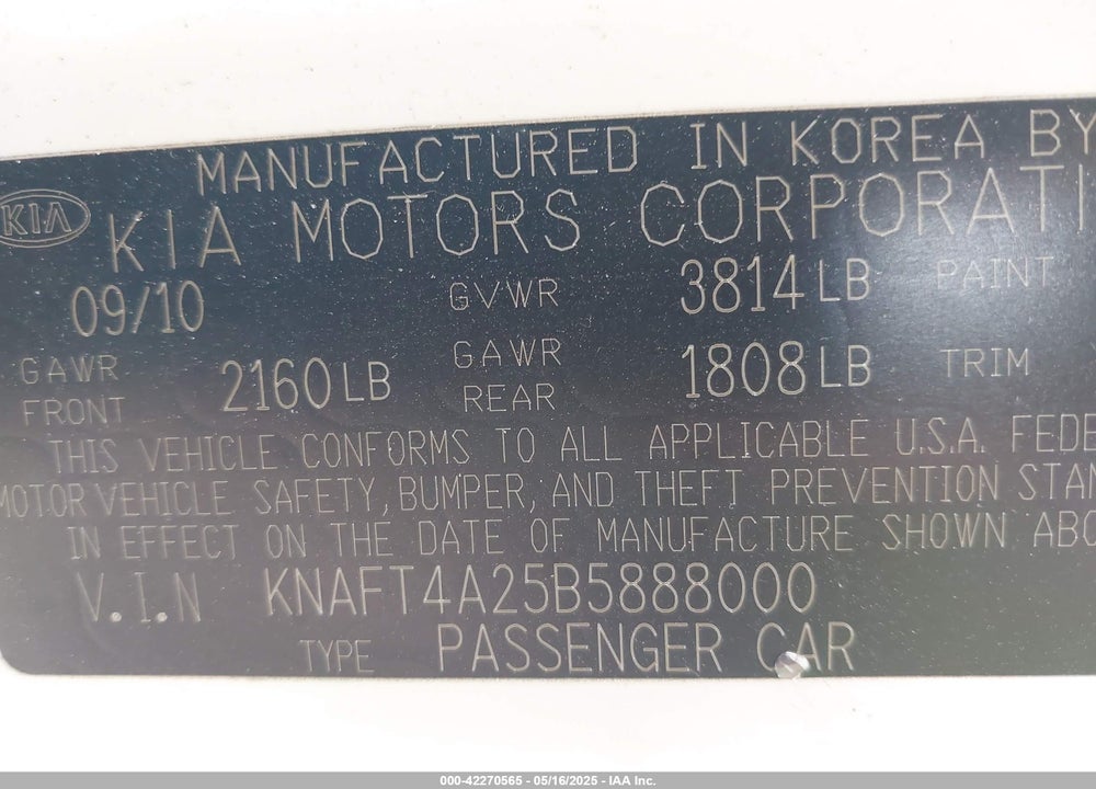 2011 KIA FORTE LX VIN: KNAFT4A25B5888000