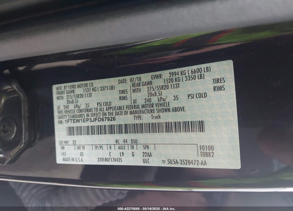 2018 FORD F-150 XL VIN: 1FTEW1EP3JFD67926