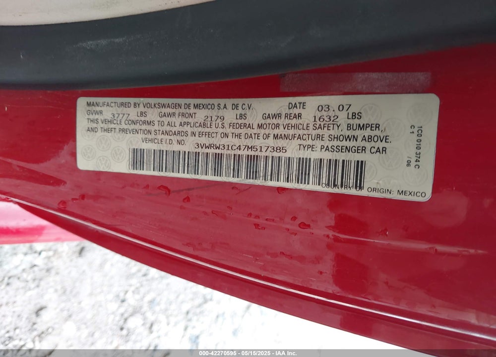 2007 VOLKSWAGEN NEW BEETLE VIN: 3VWRW31C47M517385