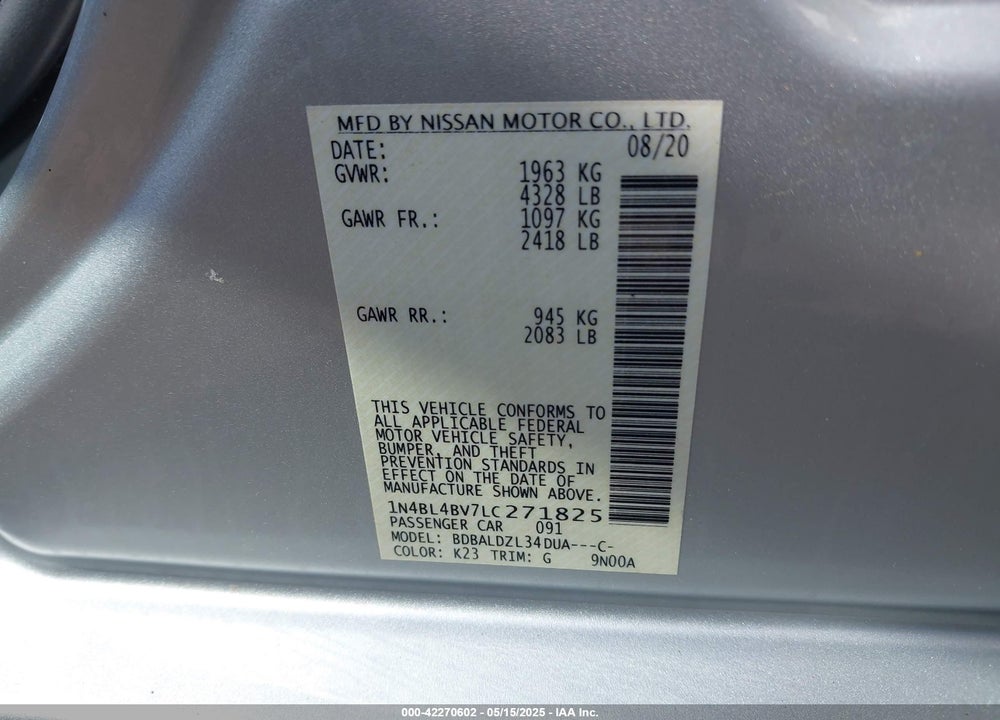 2020 NISSAN ALTIMA VIN: 1N4BL4BV7LC271825