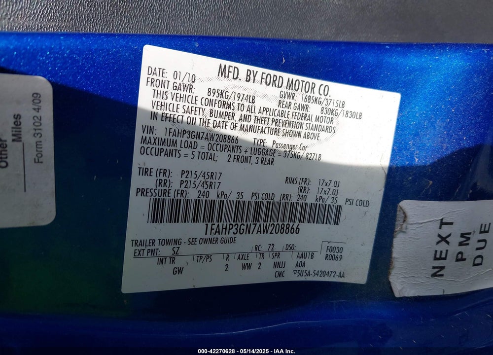 2010 FORD FOCUS VIN: 1FAHP3GN7AW208866