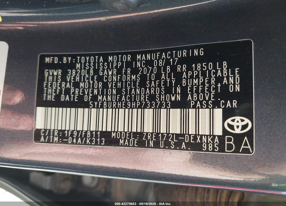 2017 TOYOTA COROLLA LE VIN: 5YFBURHE9HP733733