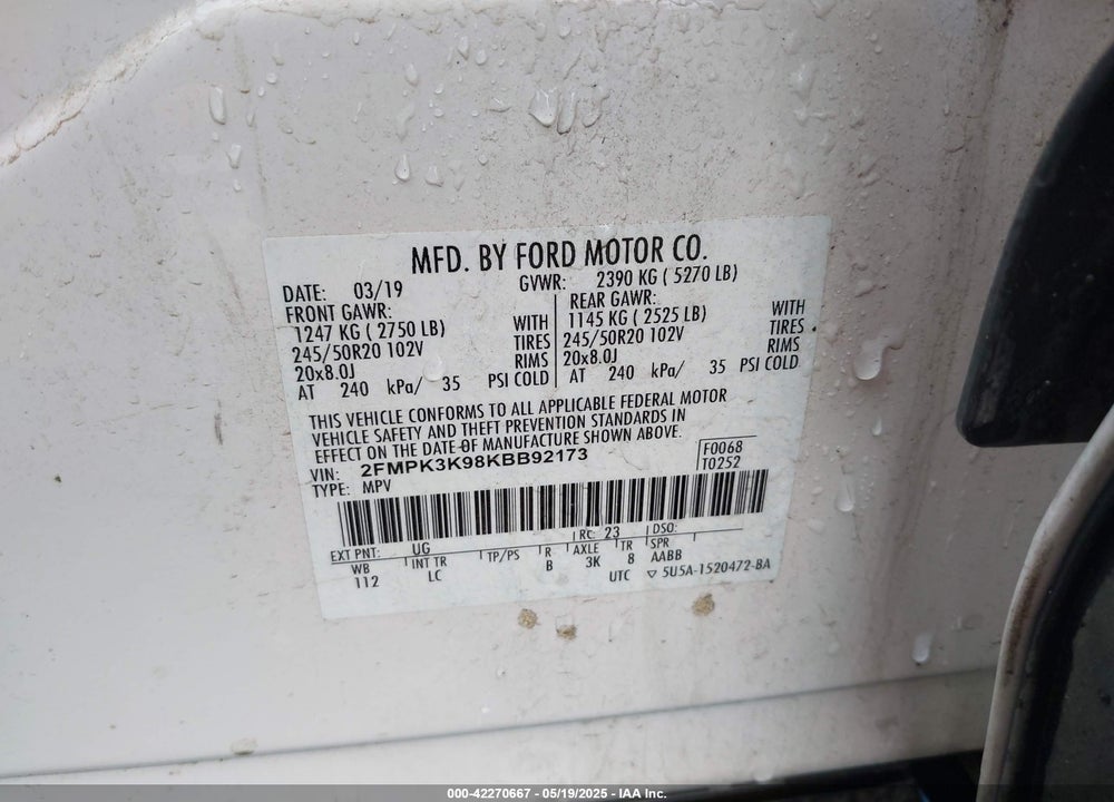 2019 FORD EDGE VIN: 2FMPK3K98KBB92173