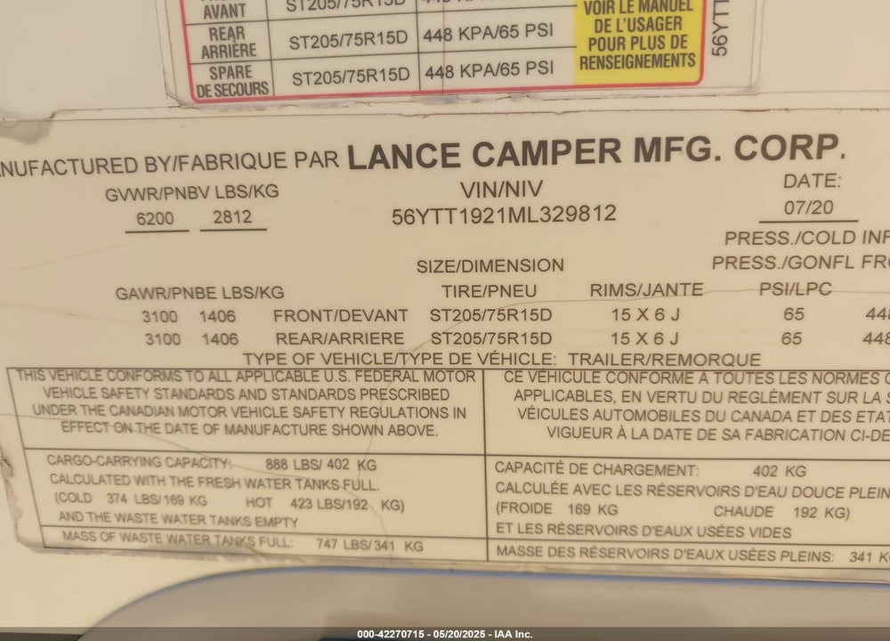 2021 LANCE OTHER VIN: 56YTT1921ML329812